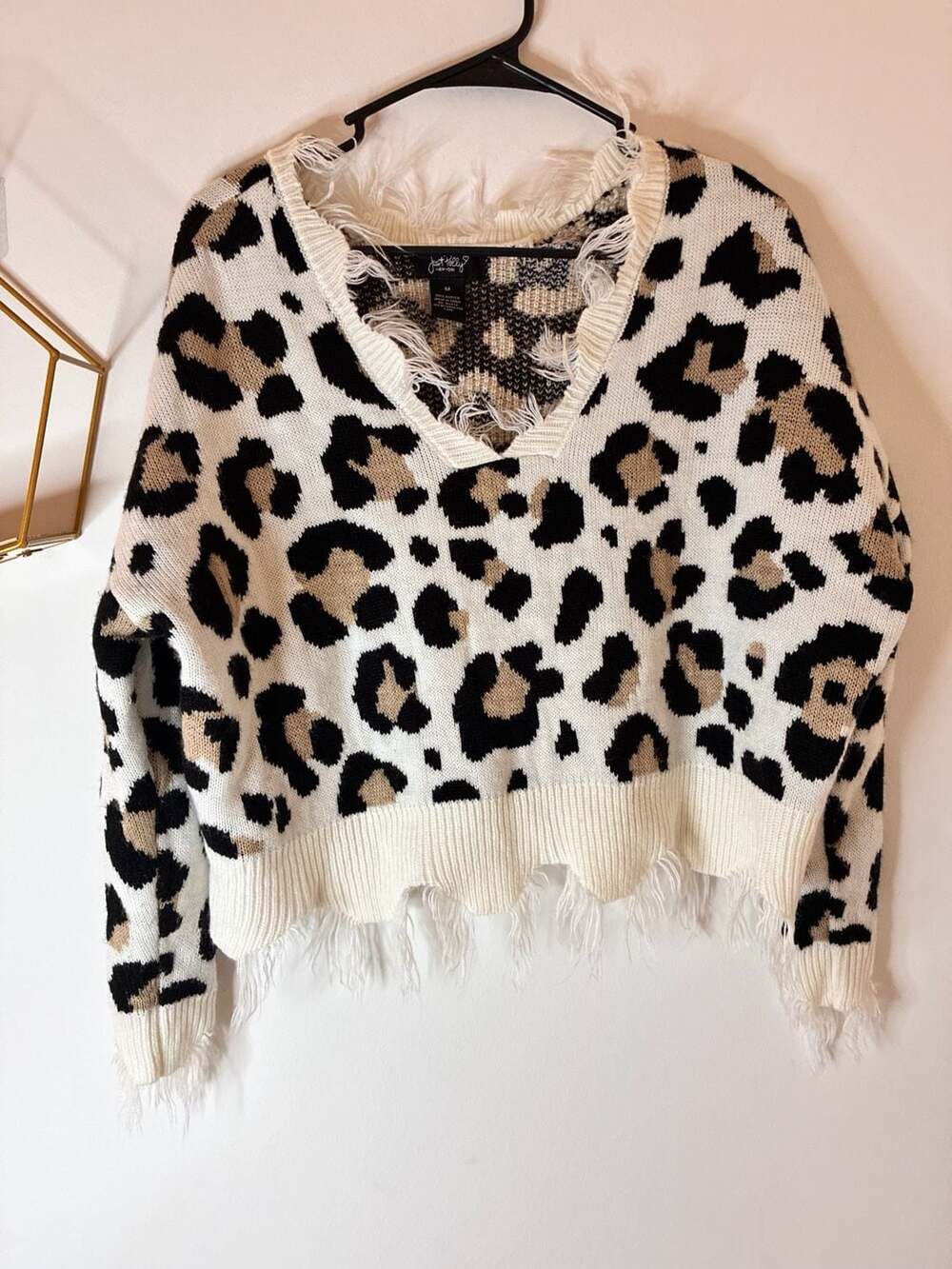 Just Polly Leopard Print Oversized Distressed Fringe Sweater Size M